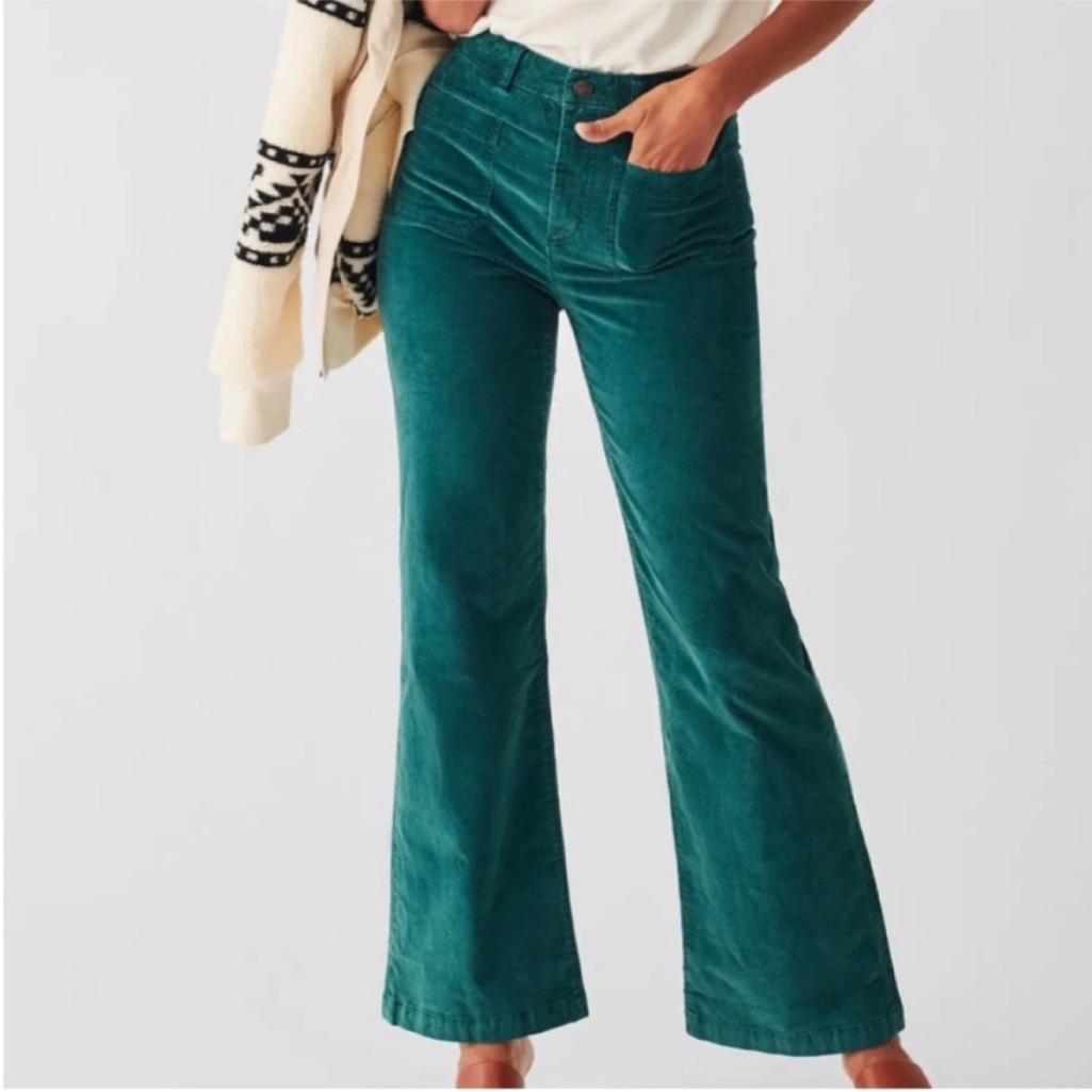Faherty 25 Pants Stretch Corduroys Patch Pockets Flare Leg In Green Nwt